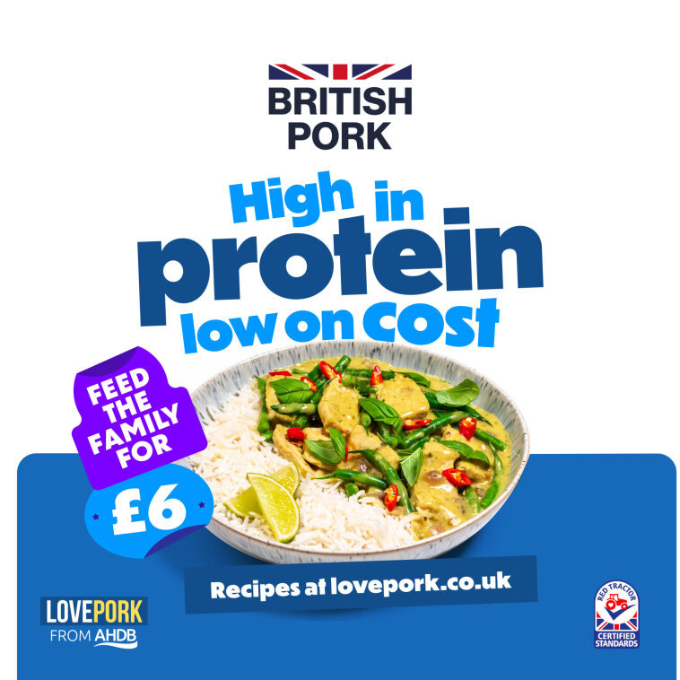 Promo graphic for Love Pork campaign stating: High in protein low in cost.